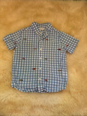 Janie and Jack Blue Gingham Short-Sleeve Button-Down with Fish Embroidery